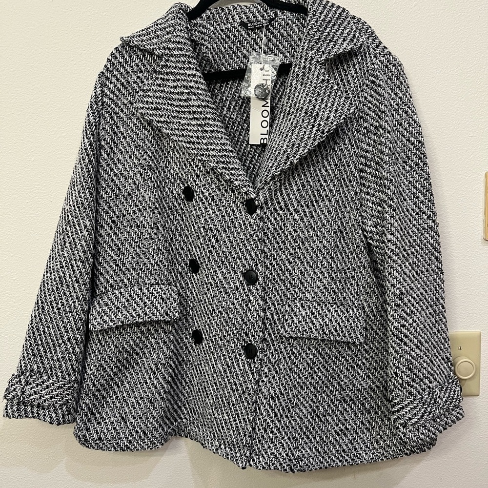 NWT BloomChic Black and White Pea Coat with Herringbone Pattern